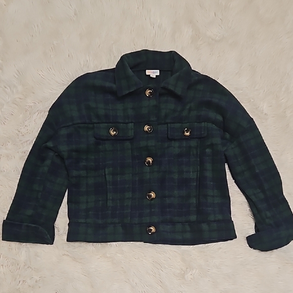 LuLaRoe MEDIUM Flannel Berlin Jacket Great Outdoors Collection Green Blue plaid - Picture 1 of 6